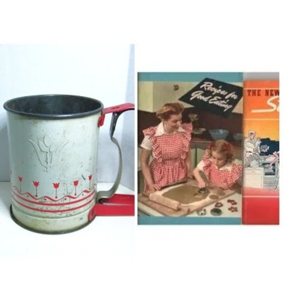 Mid-Century Baking Charm Androck Sifter 1940s Recipe Book Set Vintage Kitchen